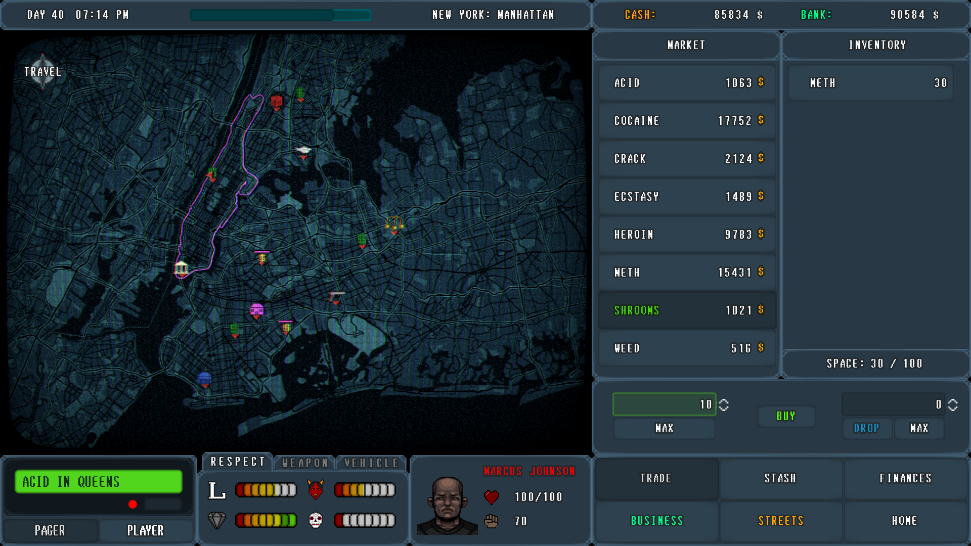 Screenshoot of game PUSHER - DRUG TYCOON showing trading panel