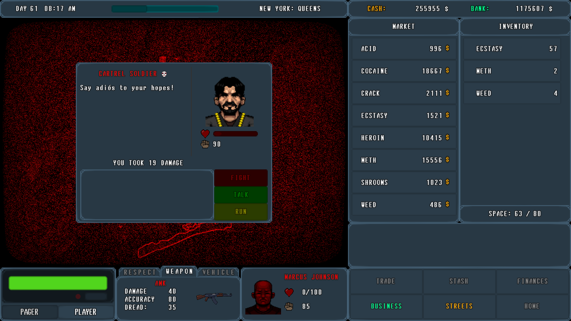 Screenshoot of game PUSHER - DRUG TYCOON showing Cartel Solider defending the Player