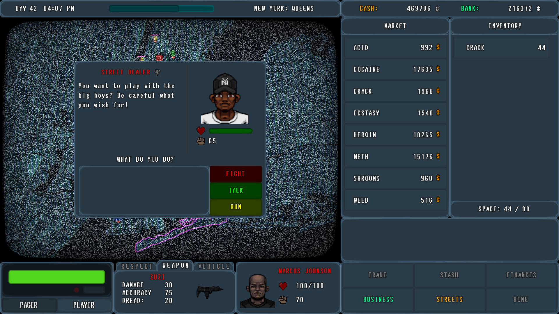 Screenshoot of game PUSHER - DRUG TYCOON showing fight with Street Dealer