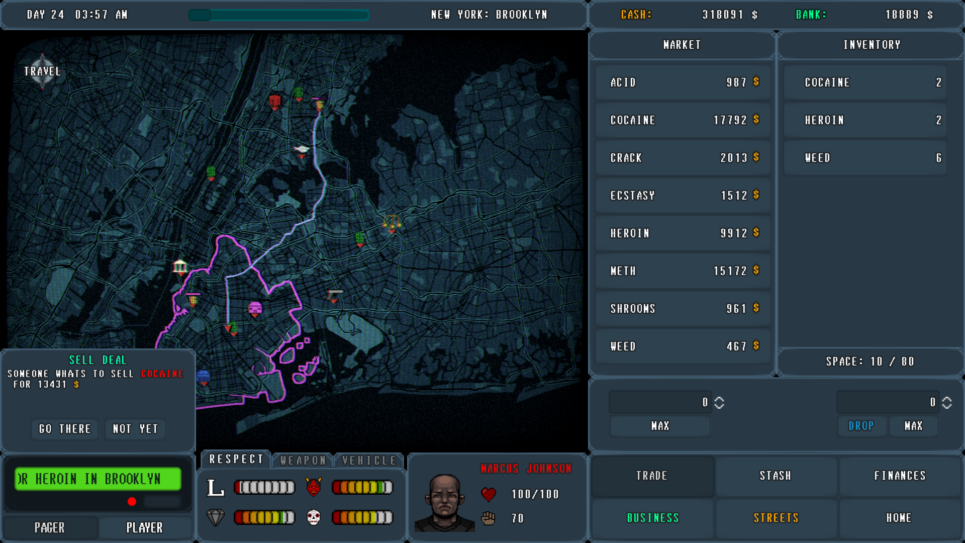 Screenshoot of game PUSHER - DRUG TYCOON showing great deal on pager