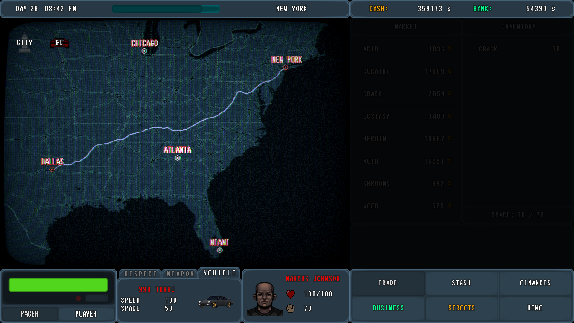 Screenshoot of game PUSHER - DRUG TYCOON showing traveling from New York to Dallas