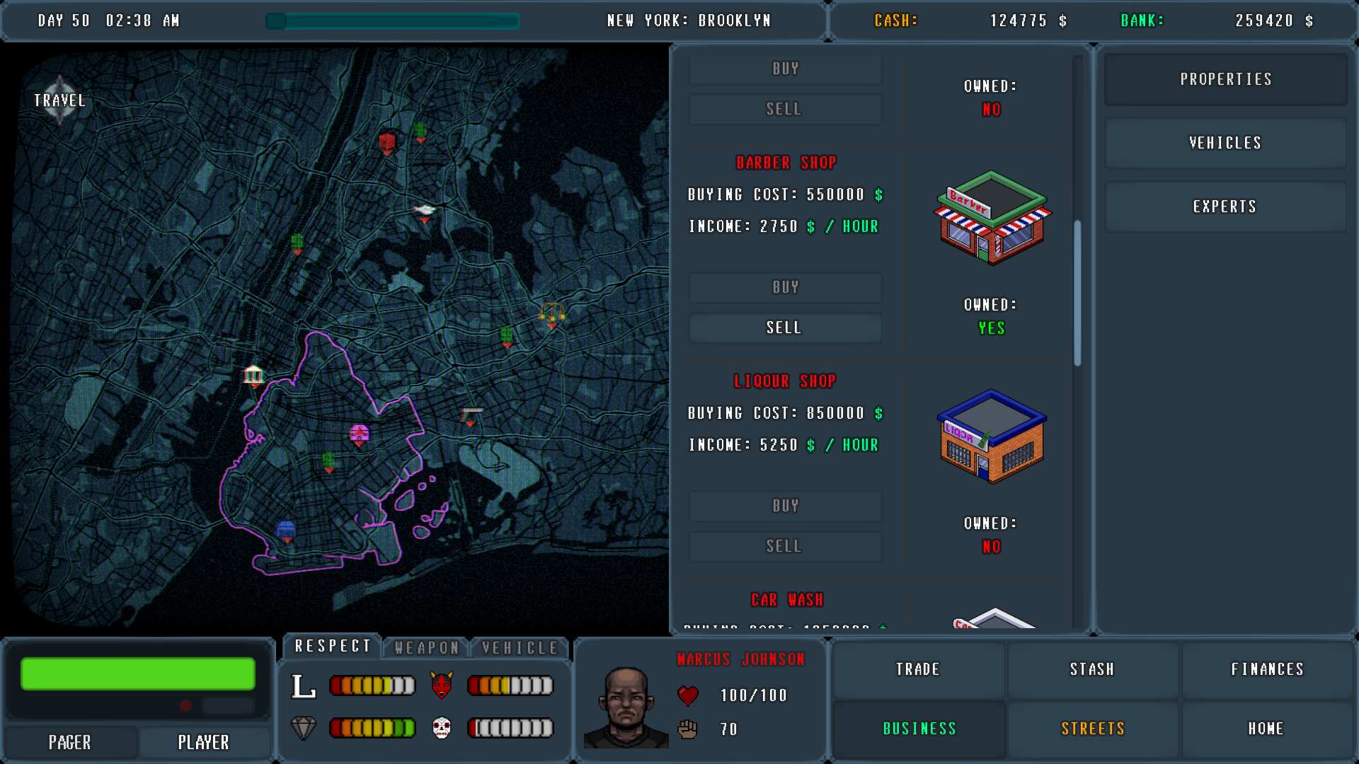 Screenshoot of game PUSHER - DRUG TYCOON showing some of properties to buy